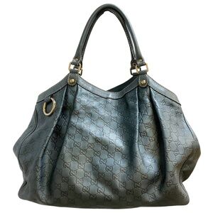GUCCI SLATE BLUE METALLIC GG MONOGRAM GUCCISSIMA LEATHER LARGE SUKEY TOTE HANDBA